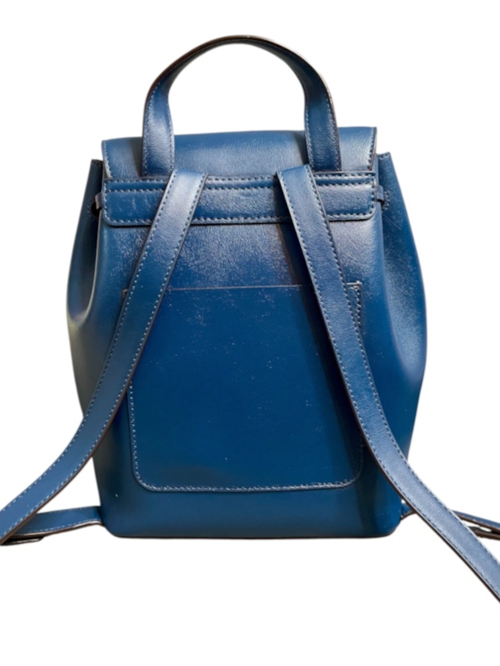Donna Karan Blue Leather Drawstring Backpack with Gold Bar Accent & Snap Closure - Picture 2 of 8